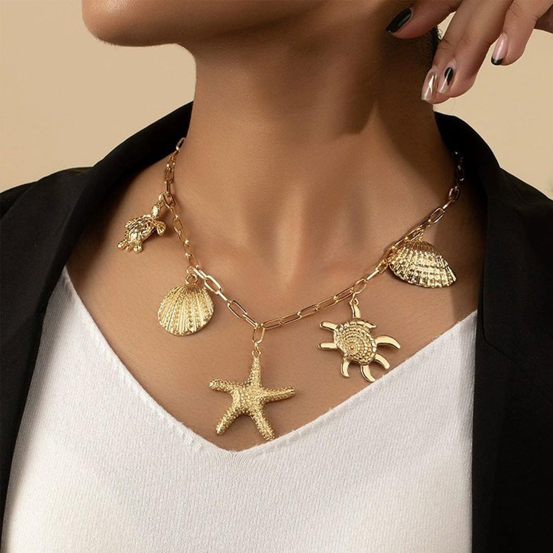 MIFYNN Gold Shell Starfish Necklace for Women Pearl Shell Necklace Layered Beaded Starfish Necklaces Summer Beach Surf Jewelry Gifts for Women - Image 2